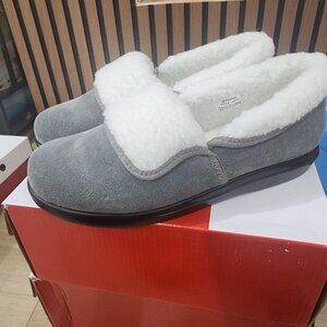 Womens Propet Colbie Grey Suede & Faux Fur Slippers Size 8.5W